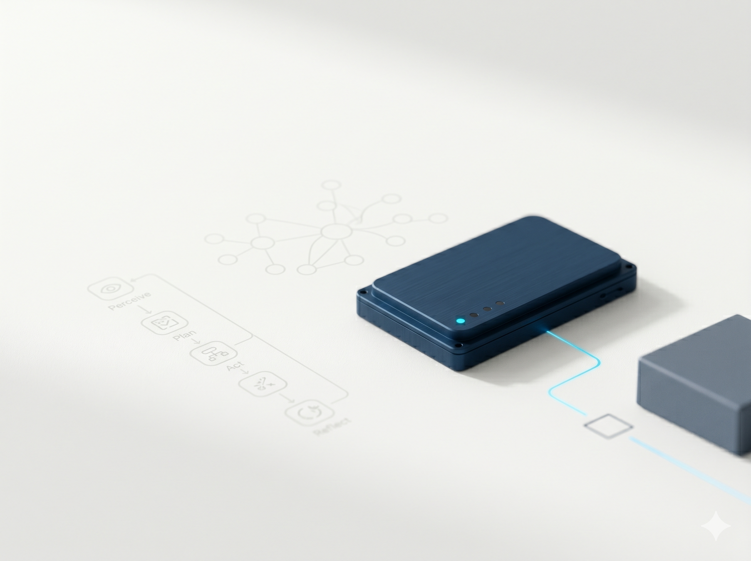 An AI agent module on a desk, wired to a connected system, beside a faint perceive-plan-act-reflect loop