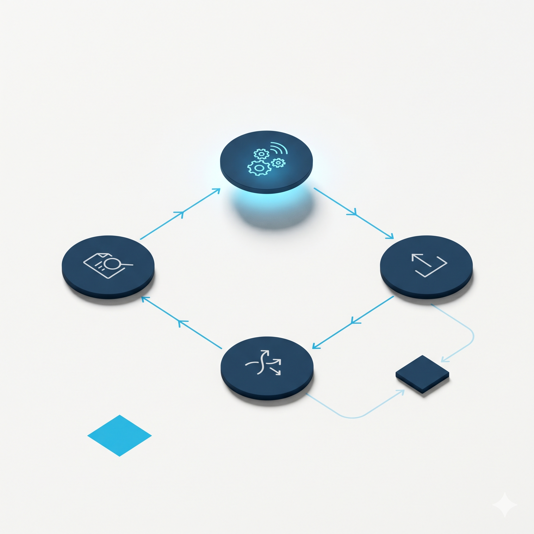 An agentic loop diagram: four connected nodes for retrieve, reason, act, and route, with an access-controlled handoff