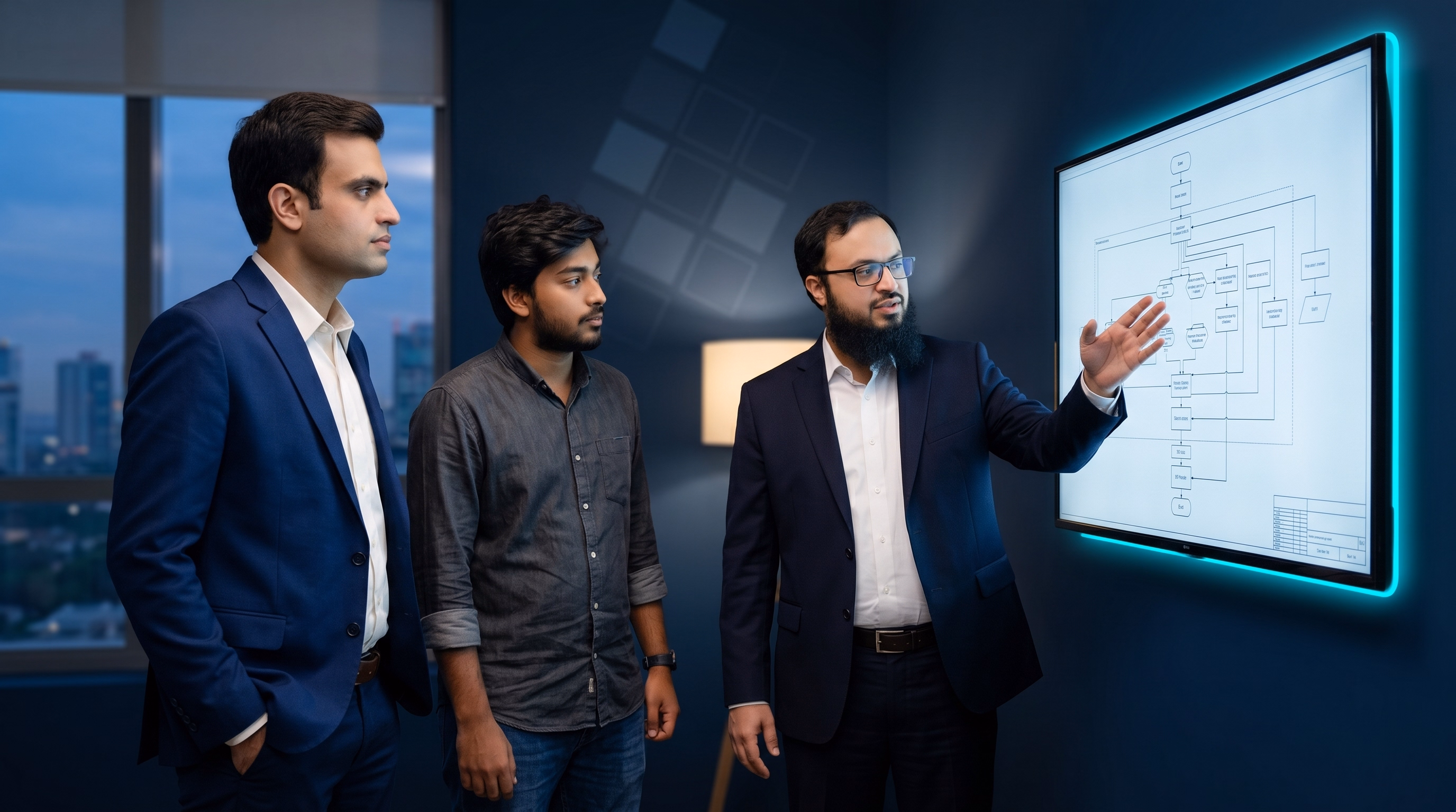 Techtiz engineers reviewing a system diagram together