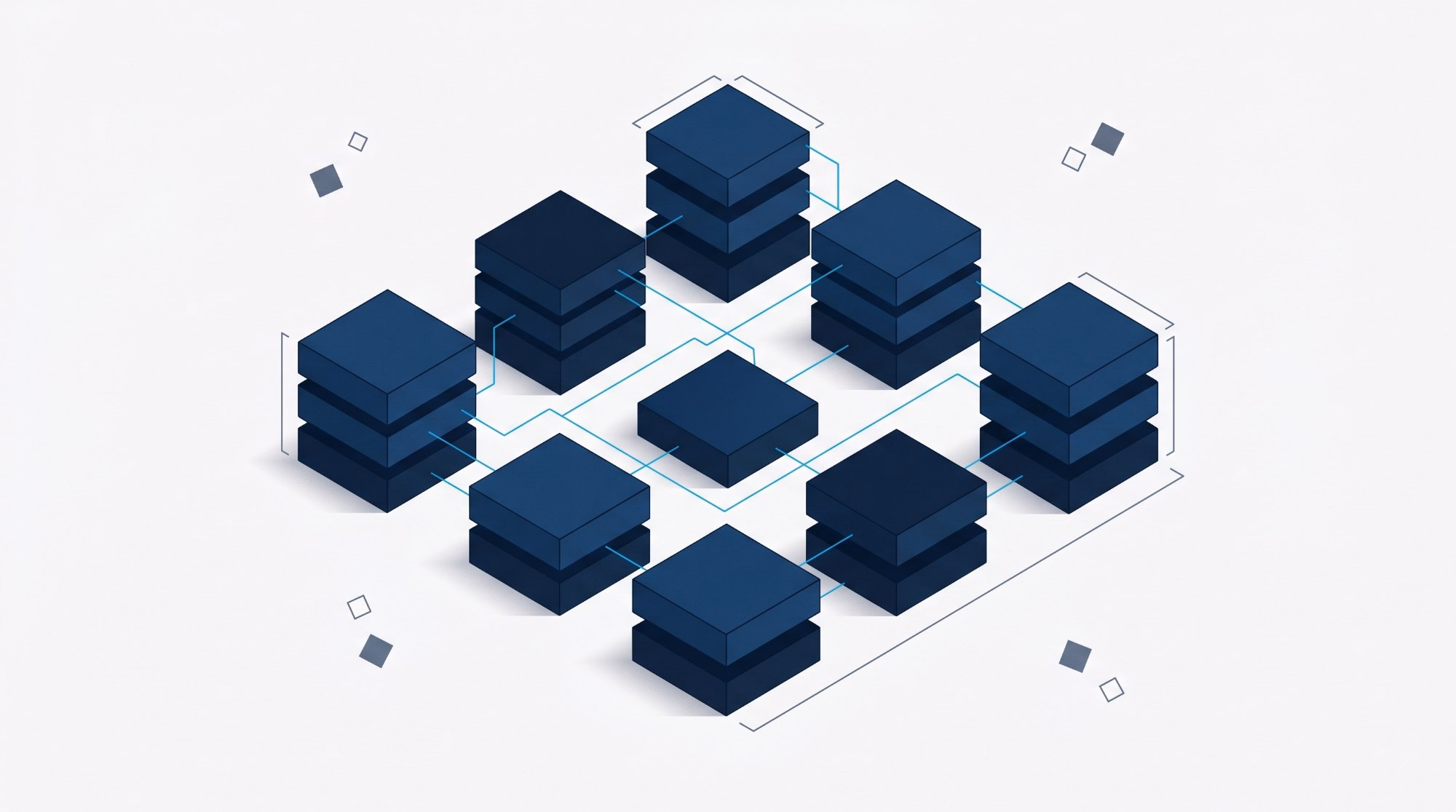 Isometric illustration of modular software services connected by cyan data flows, framed as one system