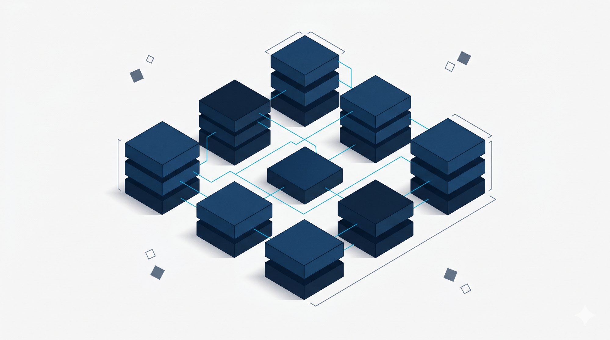 Isometric illustration of modular software services connected by cyan data flows, framed as one system