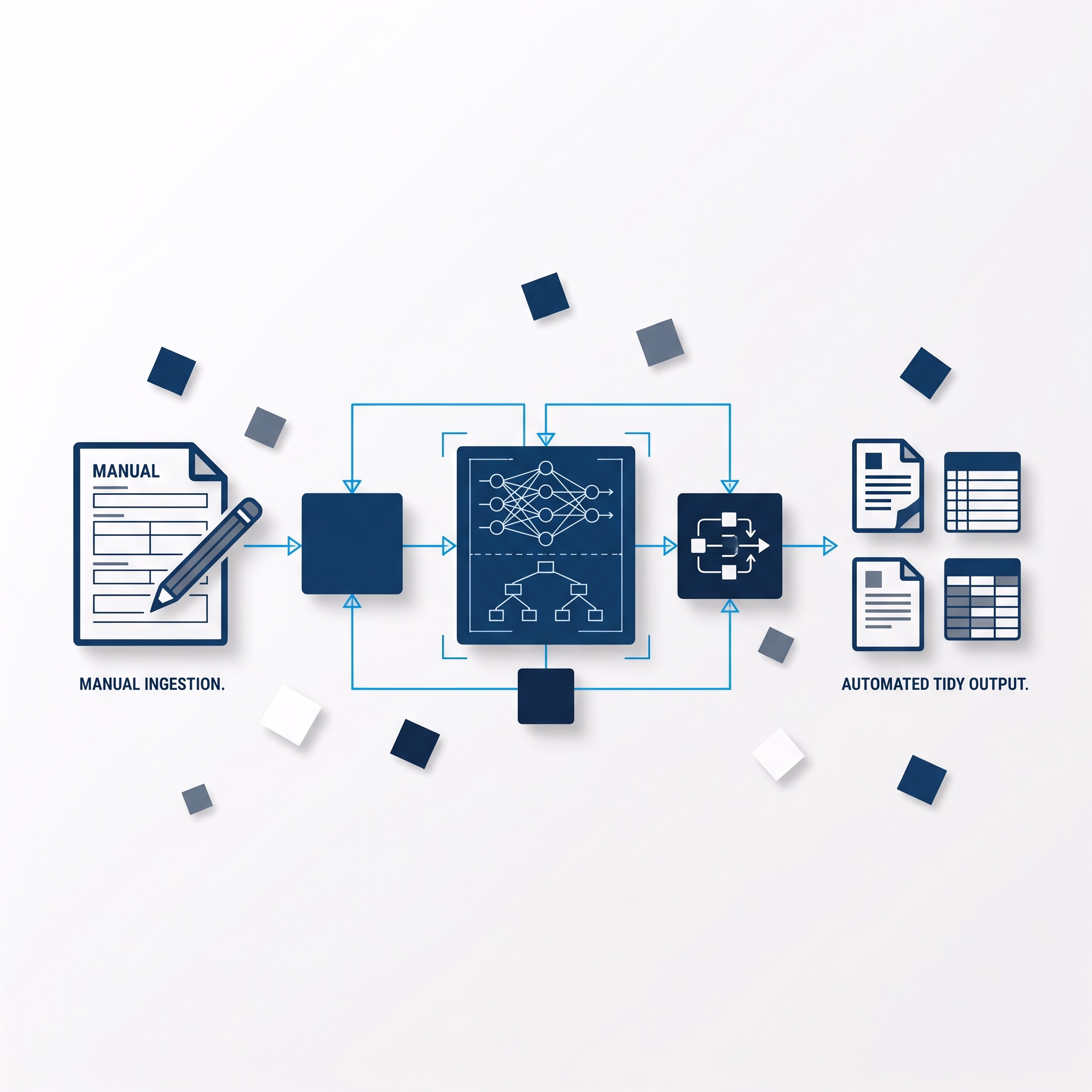 An automation pipeline: manual ingestion passing through a model and decision logic into clean, structured documents and tables