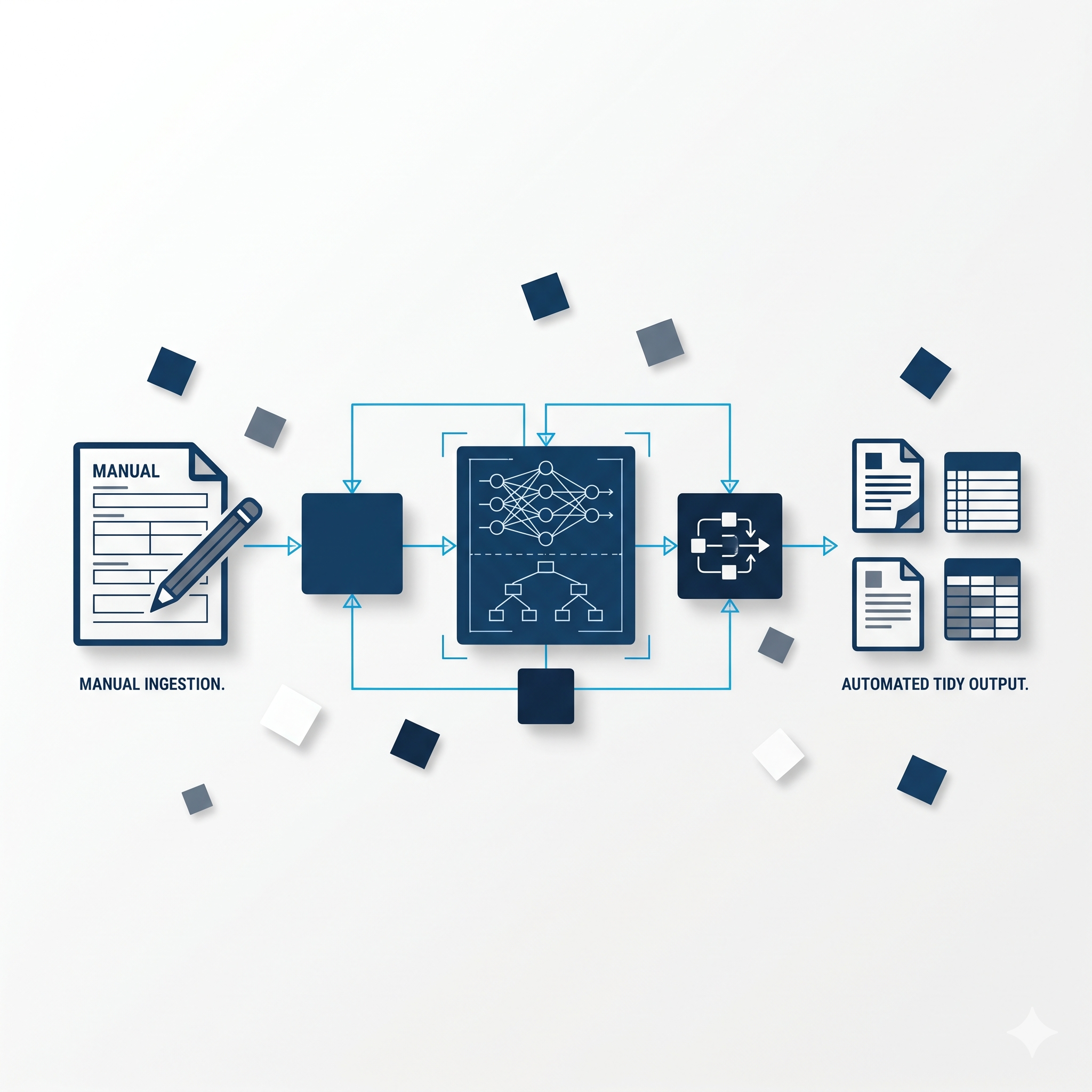 An automation pipeline: manual ingestion passing through a model and decision logic into clean, structured documents and tables