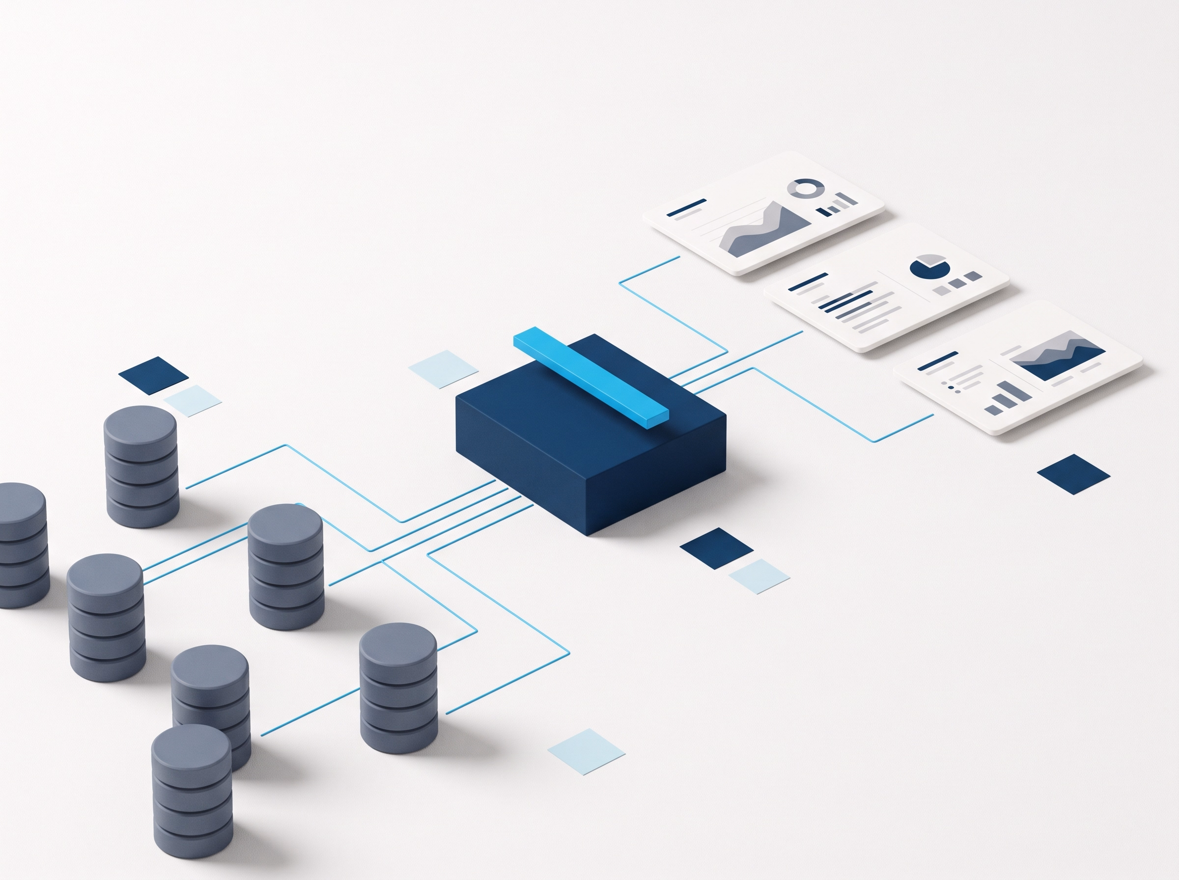 Fragmented databases feeding into one central warehouse and out to trusted dashboards
