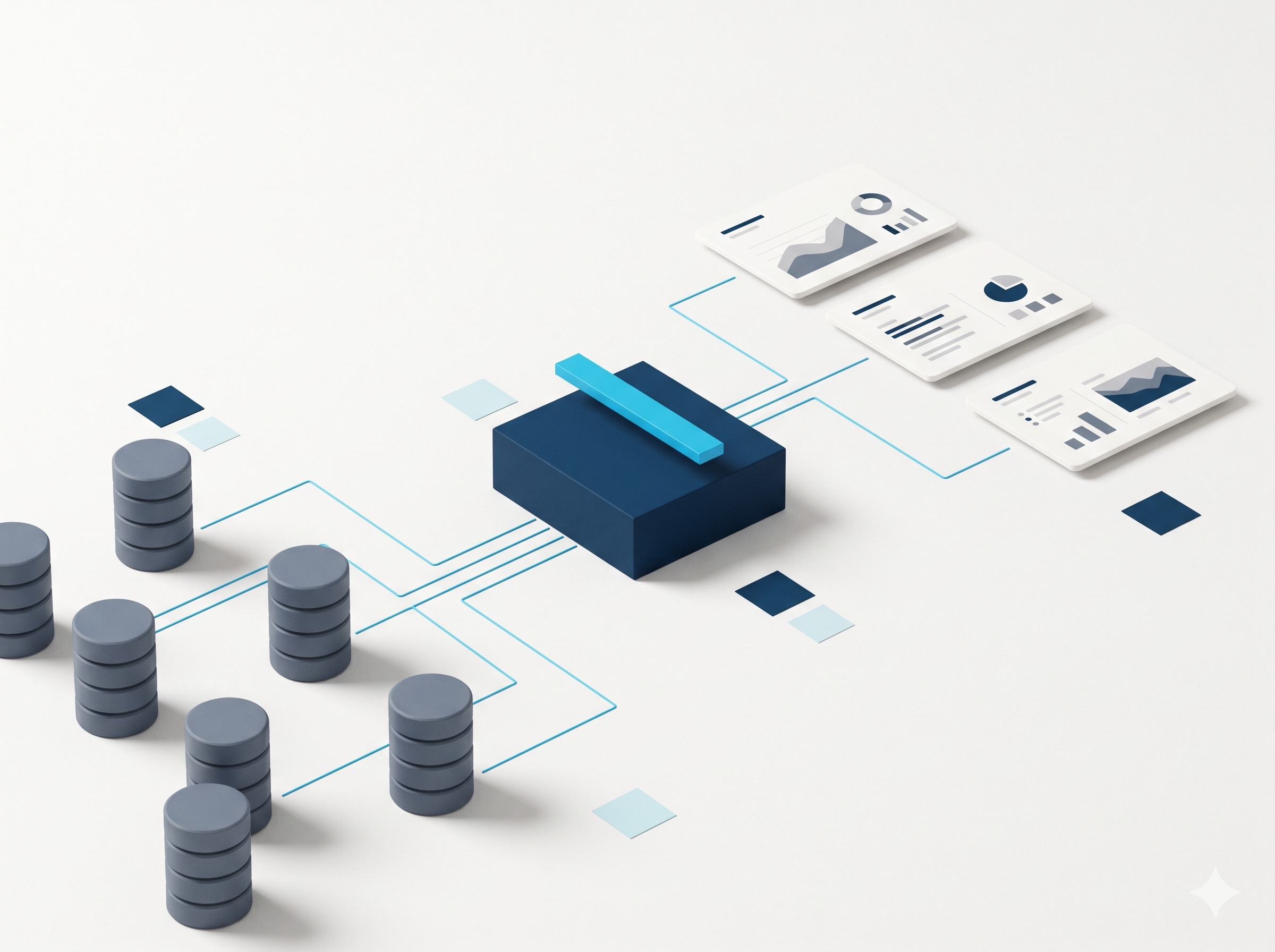 Fragmented databases feeding into one central warehouse and out to trusted dashboards