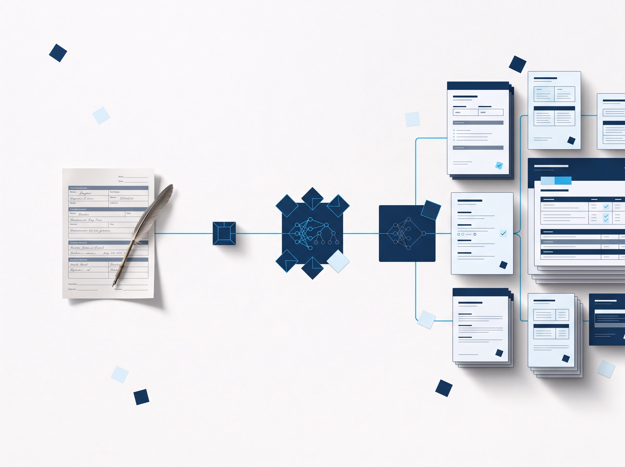 Manual back-office paperwork passing through automation and emerging as clean, structured digital records
