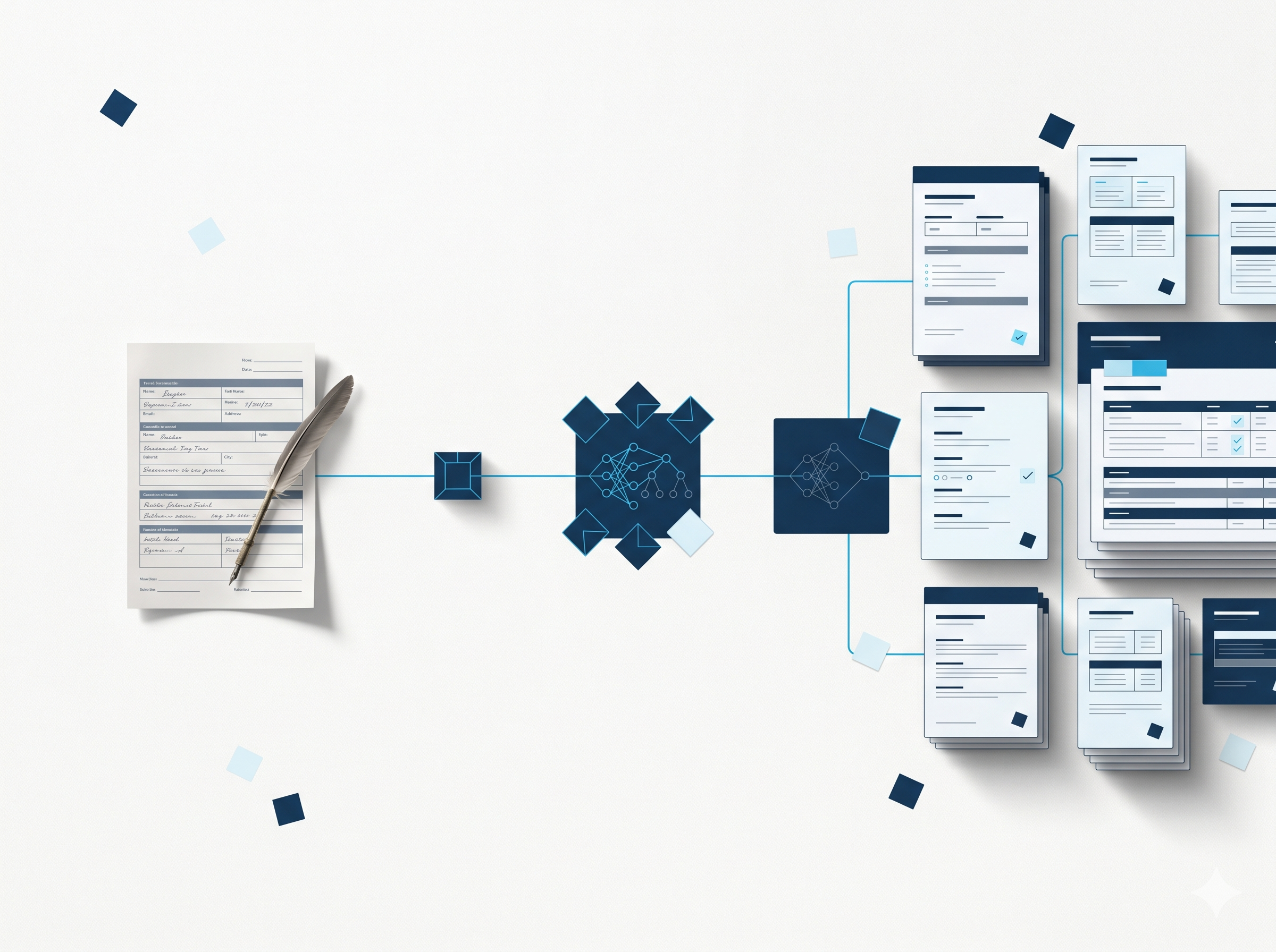 Manual back-office paperwork passing through automation and emerging as clean, structured digital records