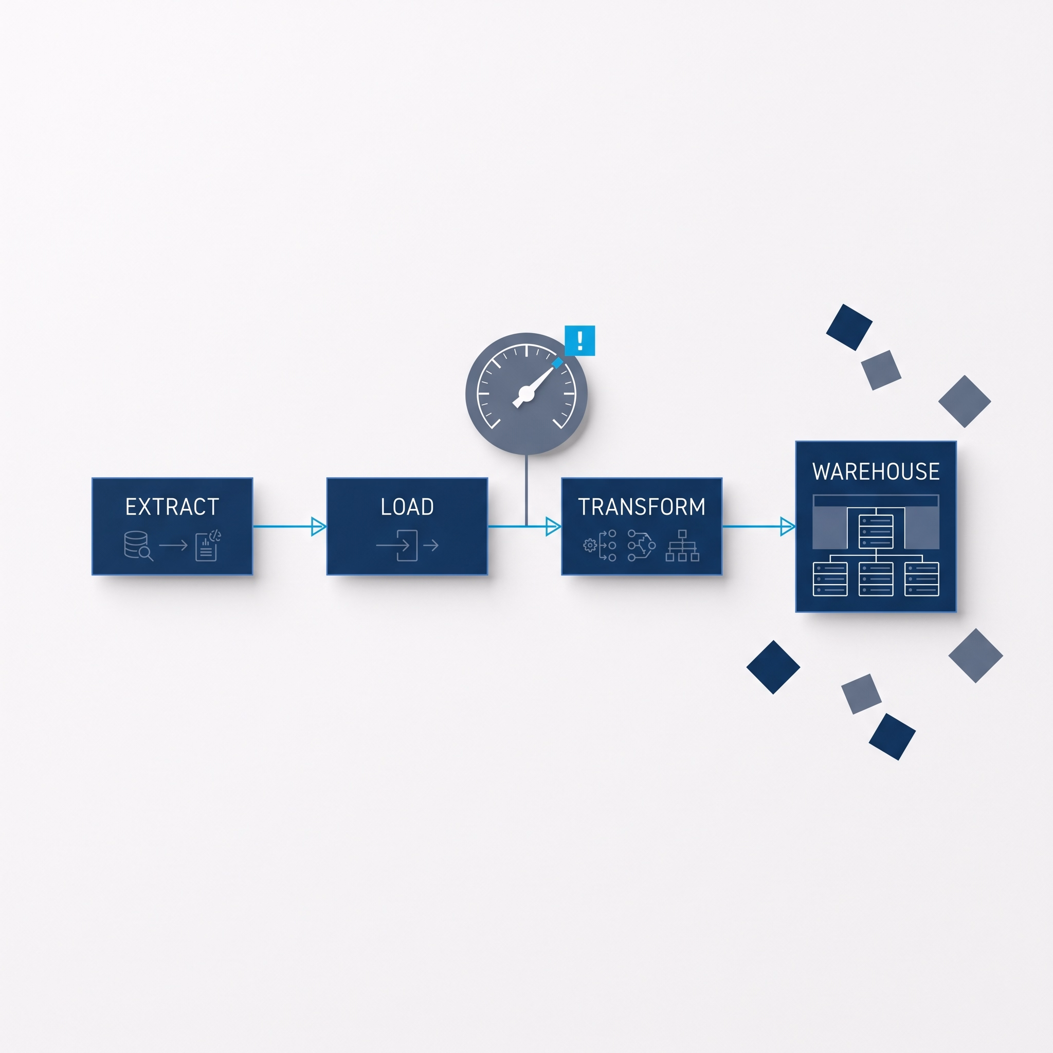 An ELT pipeline: extract, load, and transform feeding a governed warehouse