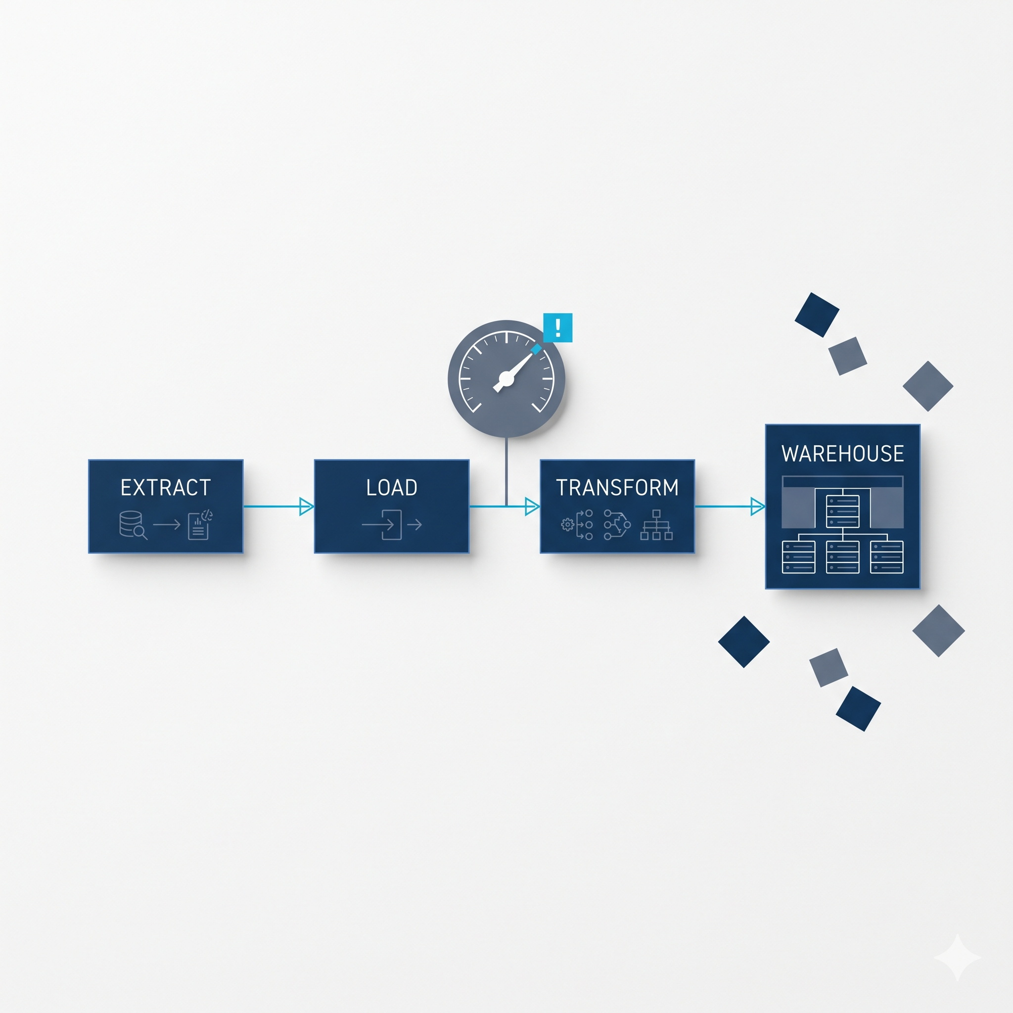 An ELT pipeline: extract, load, and transform feeding a governed warehouse