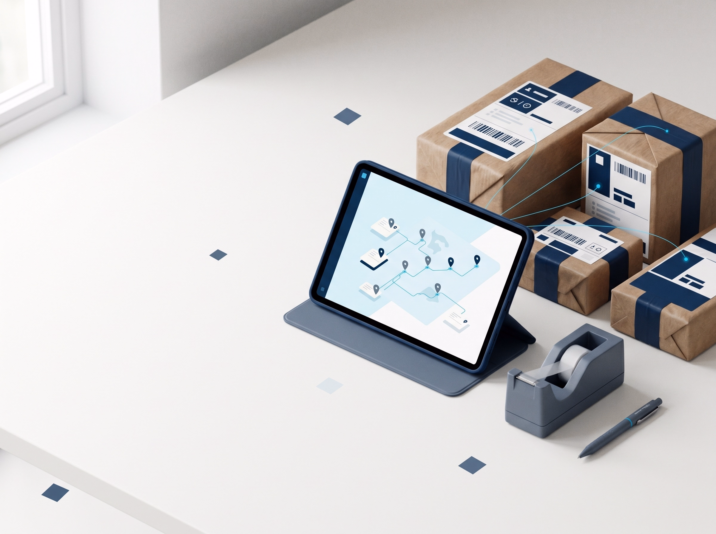 A packing station with a tablet showing an order-routing flow beside labeled, ready-to-ship parcels on a bright desk