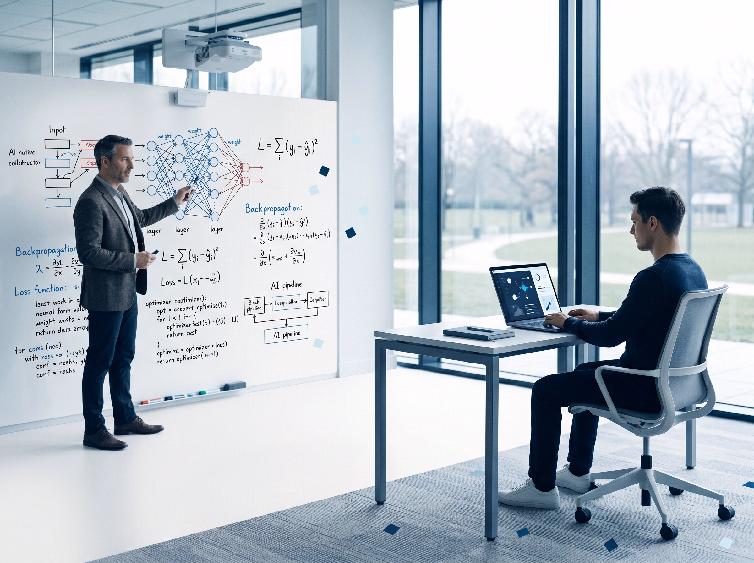 An instructor at a whiteboard covered in neural-network and AI-pipeline notes while a student works on a laptop in a bright campus room