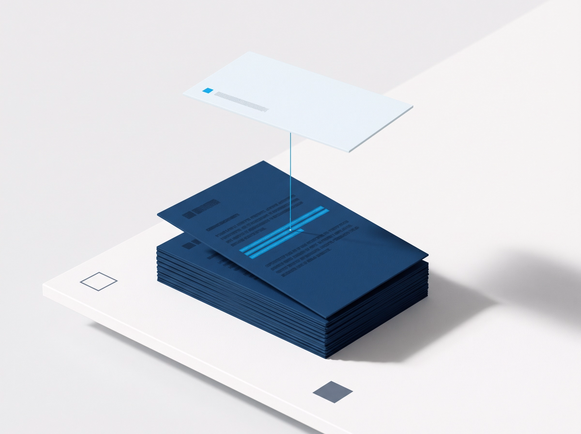 A single page lifted from a stack of navy documents, a cyan beam tracing the retrieved passage to its source