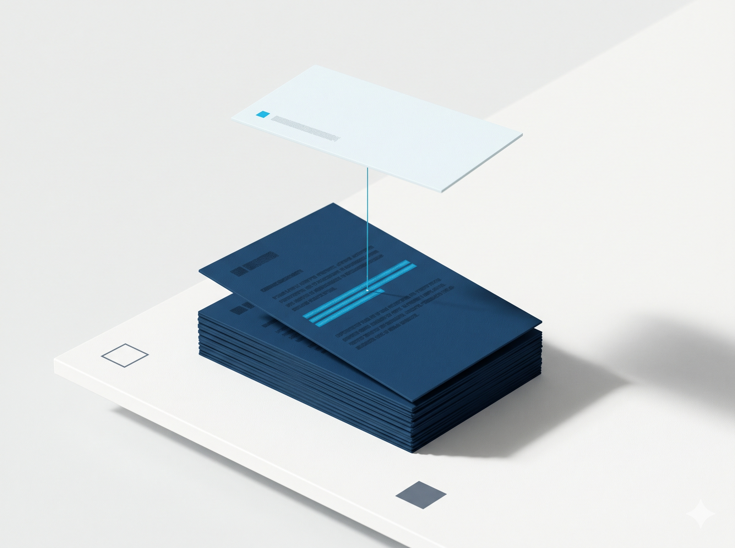 A single page lifted from a stack of navy documents, a cyan beam tracing the retrieved passage to its source