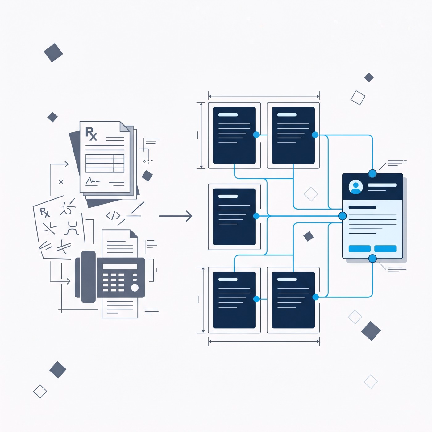 Diagram: fax pages, Rx pads, and loose paper on the left are structured into clean, connected digital patient records on the right