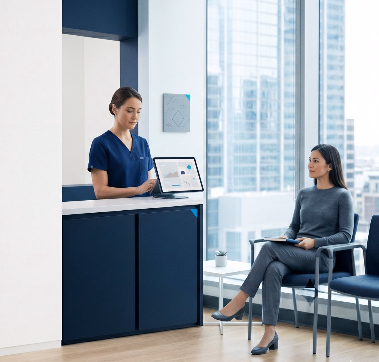 A clinic front desk where a nurse works on a tablet dashboard while a patient waits, calm and paperwork-free