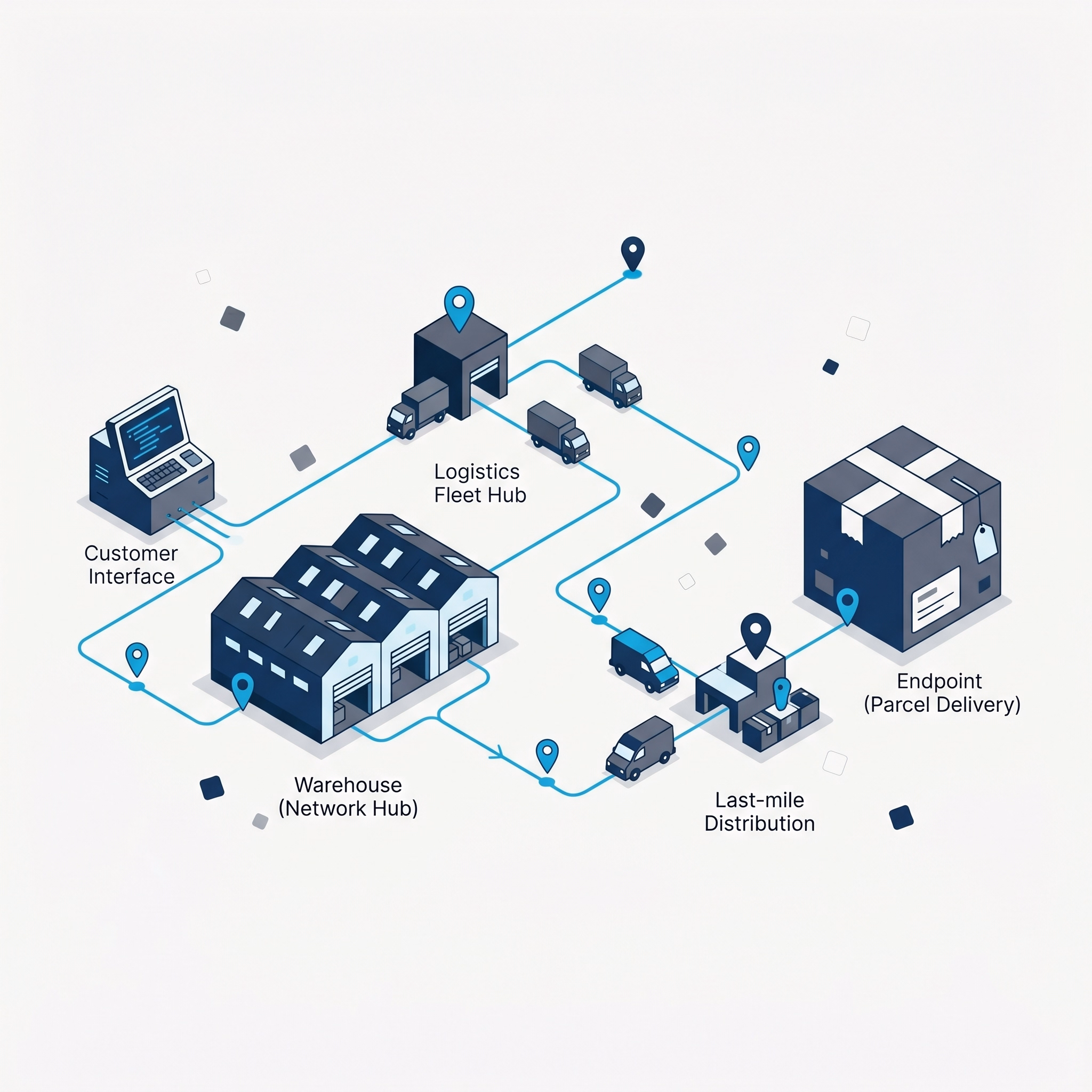 Network diagram: customer interface and warehouse network hub connect through a fleet hub and last-mile distribution to parcel delivery, joined by cyan routing lines