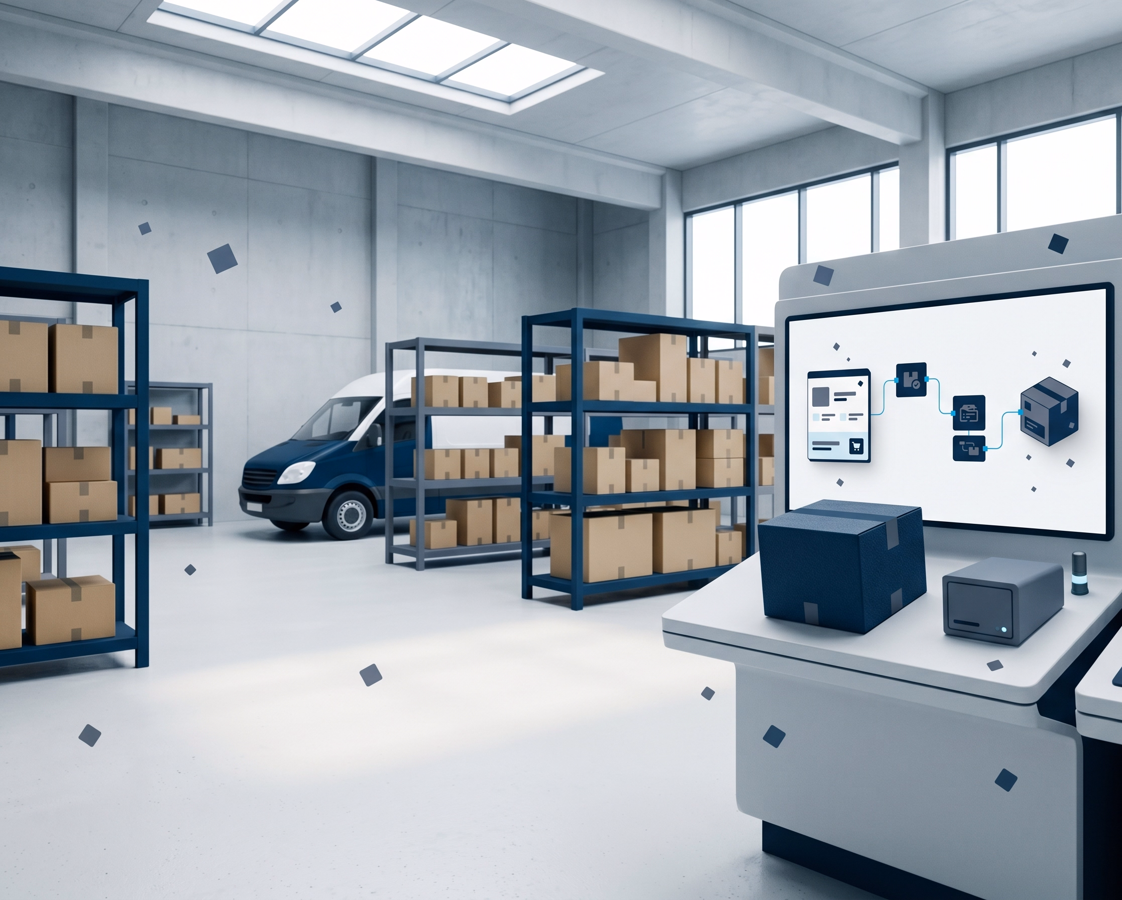A fulfillment warehouse with racked parcels, a delivery van, and a control screen showing an order-orchestration flow
