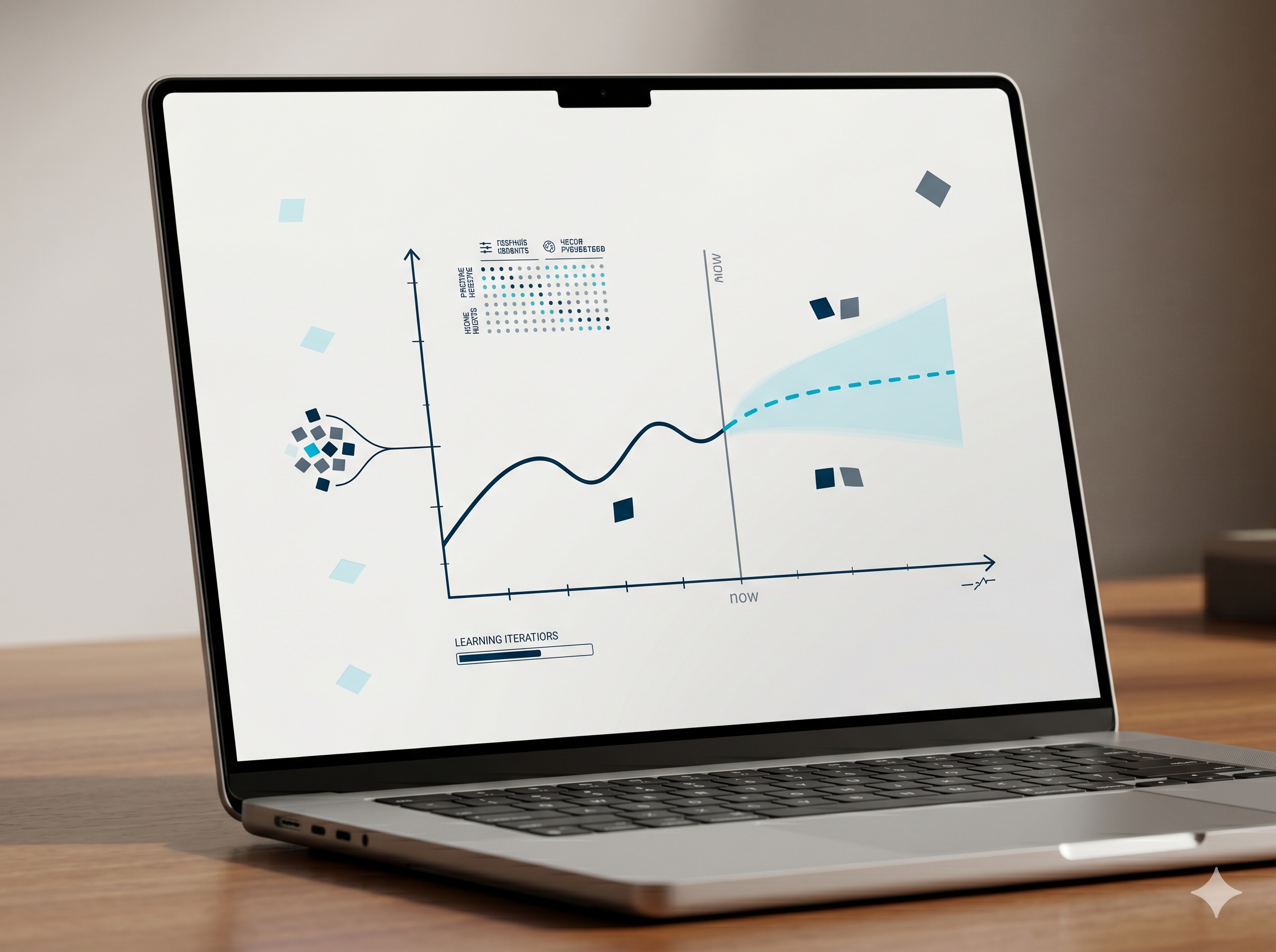 A laptop on a desk showing a forecast curve projecting past the present into a confidence band