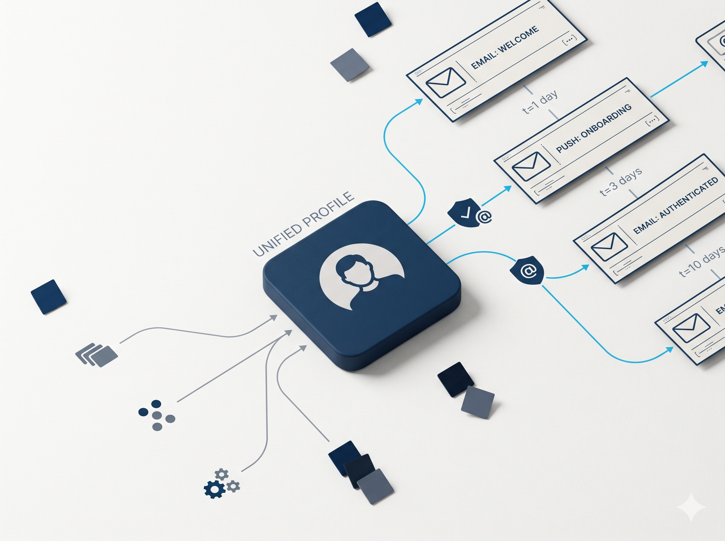A unified customer profile firing event-driven lifecycle messages — welcome, onboarding, and authenticated sends — along a timed sequence