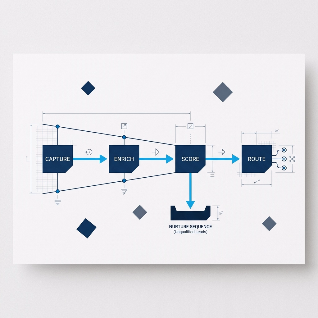 A funnel diagram routing leads through Capture, Enrich, Score, and Route stages, with unqualified leads branching into a nurture sequence