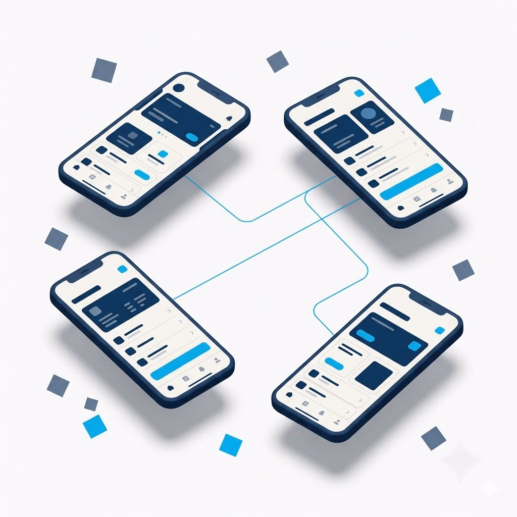 Four phones showing the same app interface, connected, representing one codebase across devices