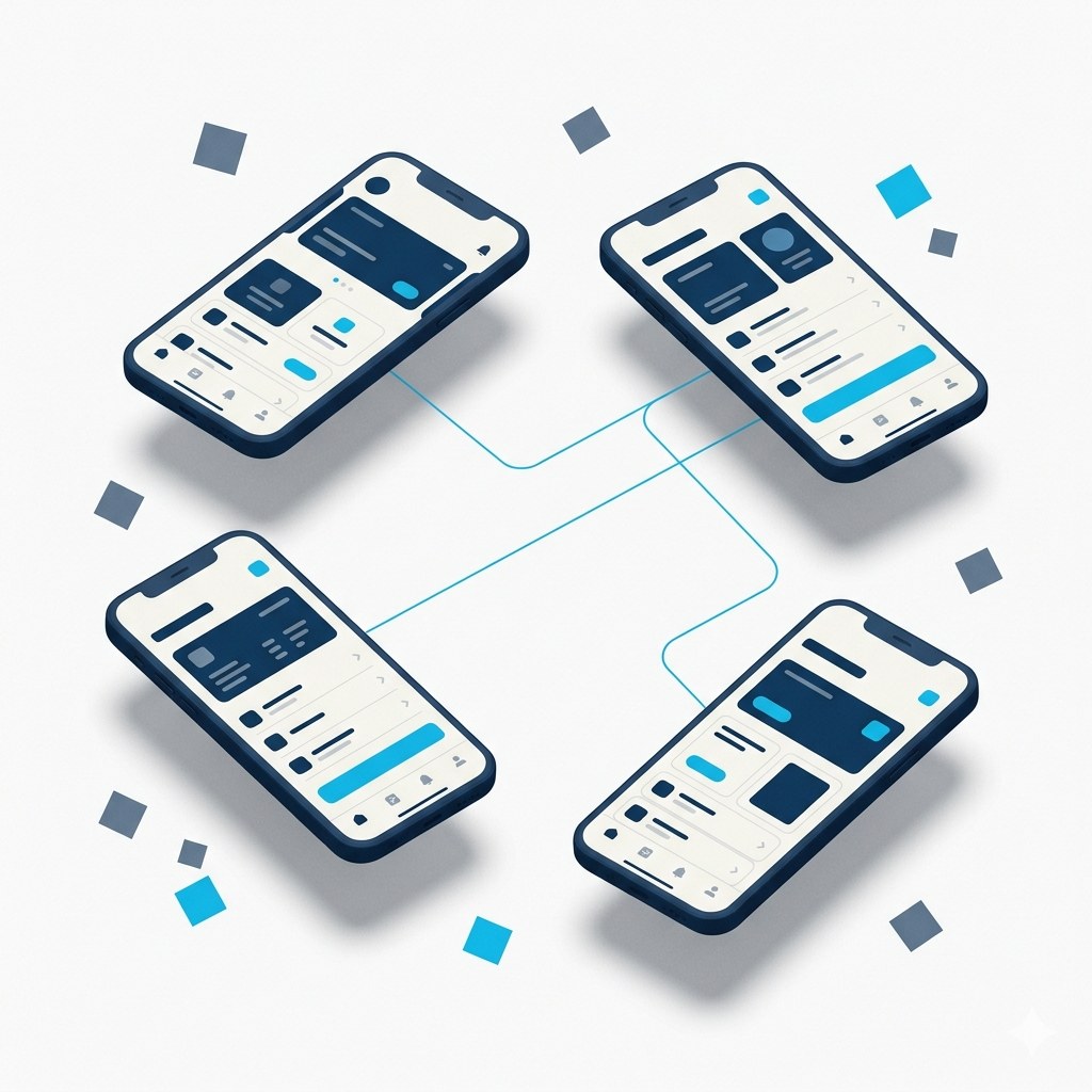 Four phones showing the same app interface, connected, representing one codebase across devices