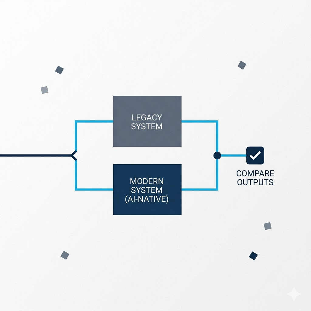 A layered architecture diagram showing Experience, Applications, and Data and Infrastructure tiers, each migrating scattered legacy blocks into structured modern modules