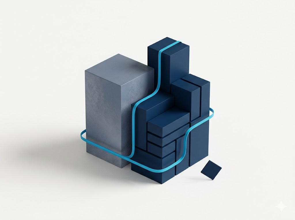 A legacy concrete core being progressively replaced by modern blue modules, the strangler-fig pattern modernizing a system block by block