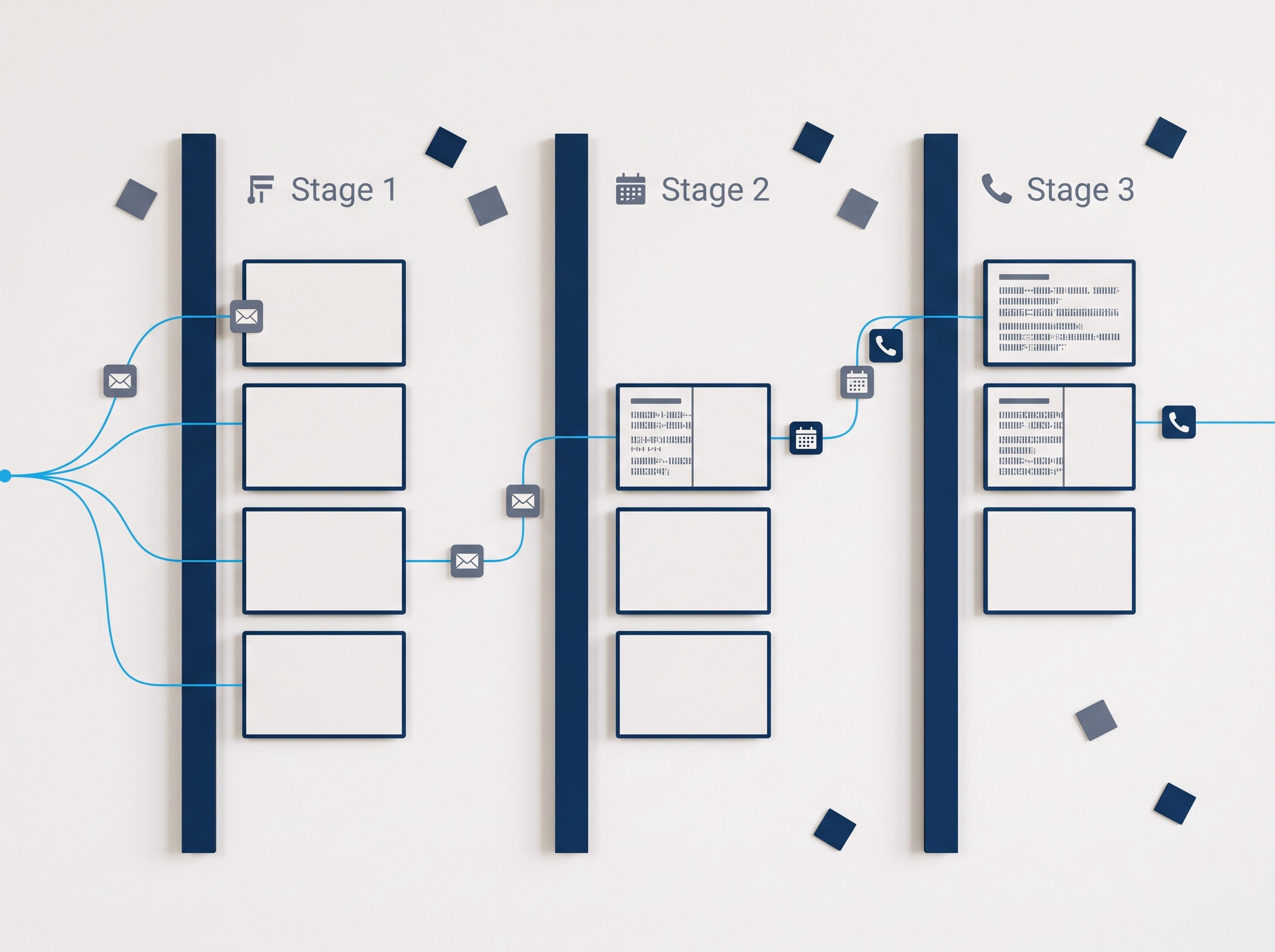 A staged sales sequence carrying email, calendar, and call touchpoints across three pipeline stages