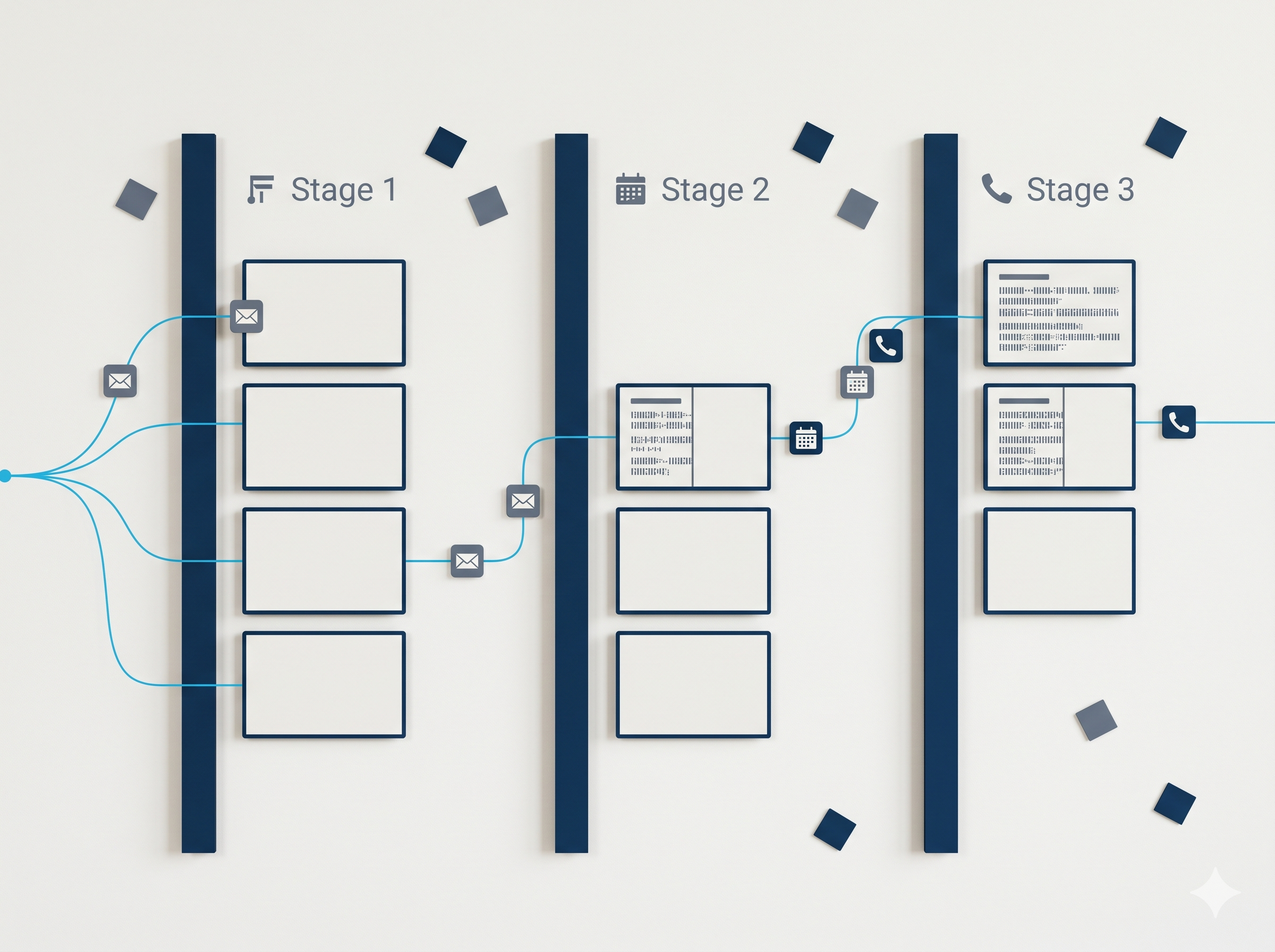 A staged sales sequence carrying email, calendar, and call touchpoints across three pipeline stages