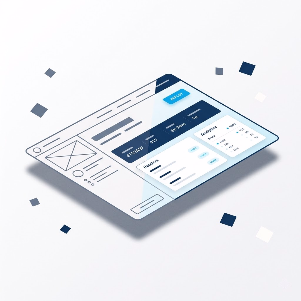 An interface mockup resolving from a grey wireframe on the left into a finished, color application screen with analytics and a deploy action on the right