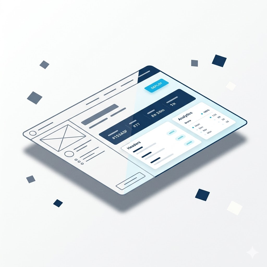 An interface mockup resolving from a grey wireframe on the left into a finished, color application screen with analytics and a deploy action on the right