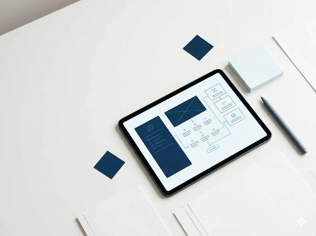 A tablet on a desk showing a wireframe user flow beside paper, sticky notes, and a stylus, the early stage of interface design