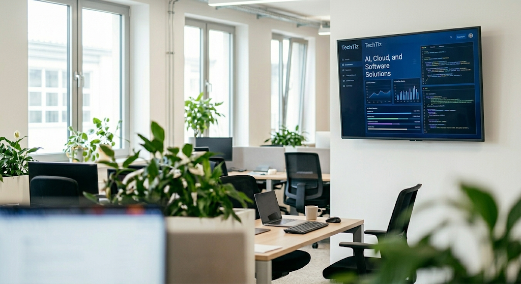 Techtiz office with engineers at workstations and an AI, cloud, and software solutions display