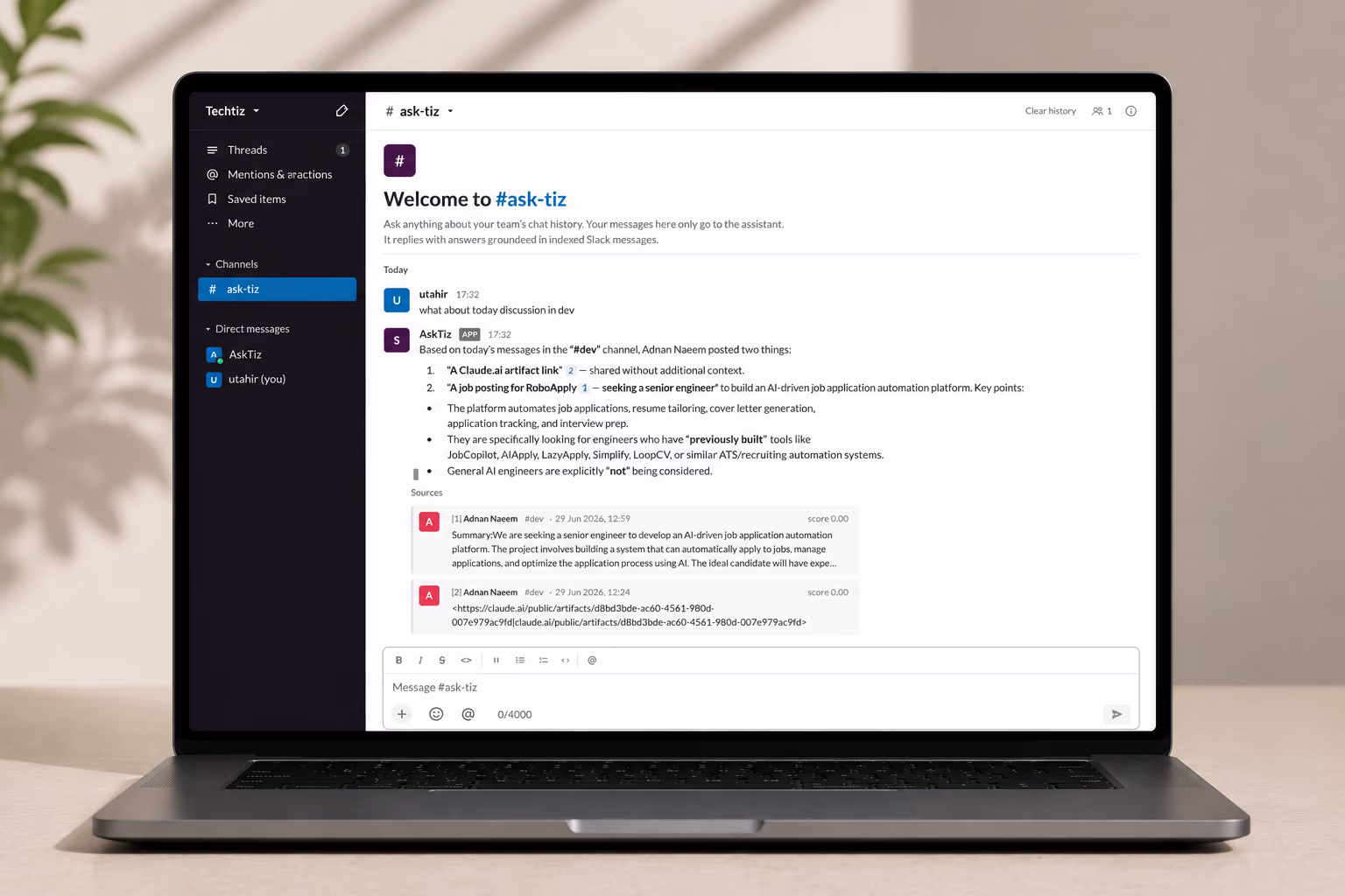 AskTiz – Internal AI Knowledge Assistant for Slack case study